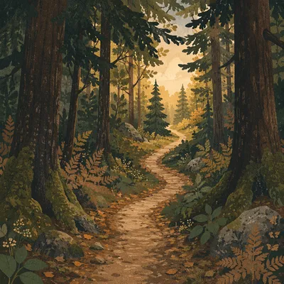 Narrow Forest Path Toward Golden Light
