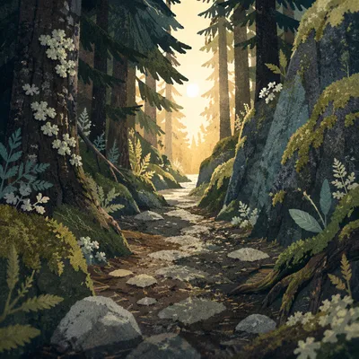 Narrow Evergreen Path Toward Morning Light