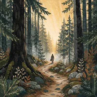 Narrow Evergreen Path Toward Golden Light