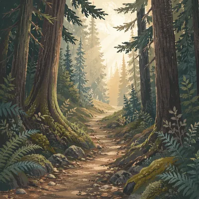 Narrow Evergreen Path Toward Morning Light
