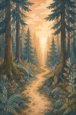 Narrow Forest Path Toward Golden Light