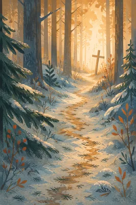Winter Evergreen Path Toward Golden Cross