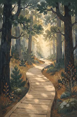 Narrow Evergreen Boardwalk Toward Morning Light