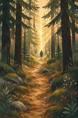 Narrow Forest Path Toward Golden Morning Light