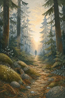 Narrow Evergreen Path Toward Morning Light