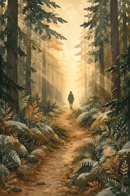 Narrow Evergreen Path Toward Golden Light