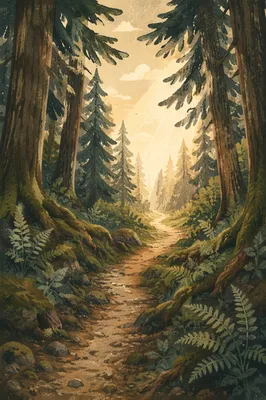 Narrow Evergreen Forest Path Toward Morning Light