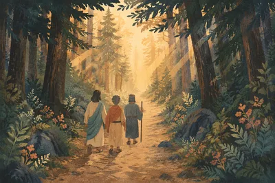 Evergreen Forest Path Toward Morning Light