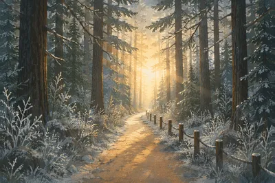 Narrow Evergreen Path Toward Morning Light