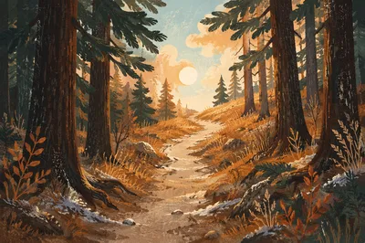 Narrow Evergreen Path Toward Golden Light