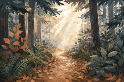 Narrow Evergreen Forest Path Toward Morning Light