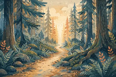 Narrow Evergreen Path Toward Golden Light