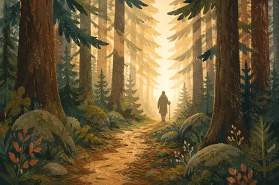 Narrow Evergreen Path Toward Morning Light