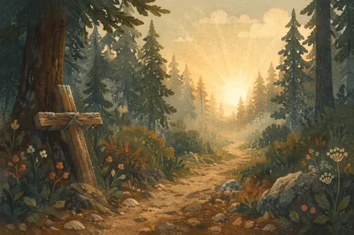 Narrow Evergreen Path Toward Morning Light