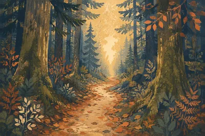 Narrow Forest Path Toward Golden Light