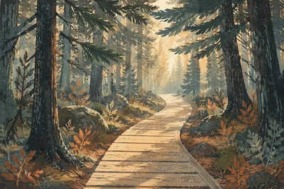 Narrow Forest Boardwalk Toward Morning Light