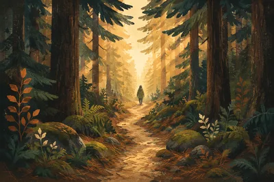 Narrow Forest Path Toward Morning Light