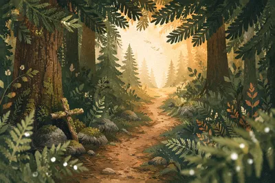 Narrow Evergreen Path Toward Morning Light