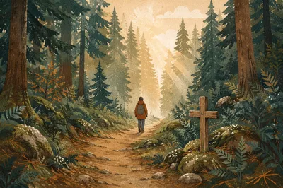 Narrow Evergreen Path Toward Morning Light