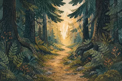 Forest Path Toward Golden Morning Light