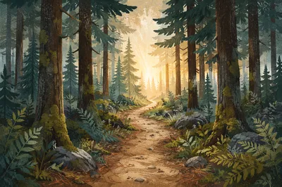Narrow Forest Path Toward Morning Light