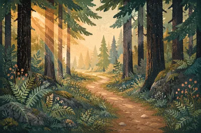 Narrow Forest Path Toward Morning Light