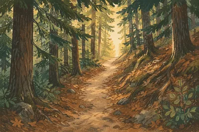 Narrow Forest Path Toward Morning Light