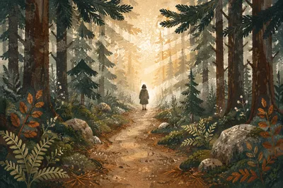 Narrow Evergreen Path Toward Golden Light