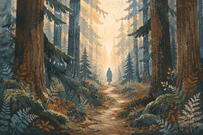 Narrow Evergreen Path Toward Morning Light