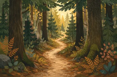 Forest Path Toward Sunlit Evergreen Clearing