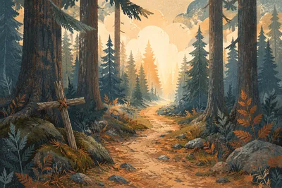 Narrow Evergreen Path Toward Morning Light