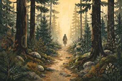 Narrow Evergreen Path Toward Golden Light