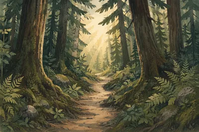 Narrow Evergreen Path Toward Morning Light