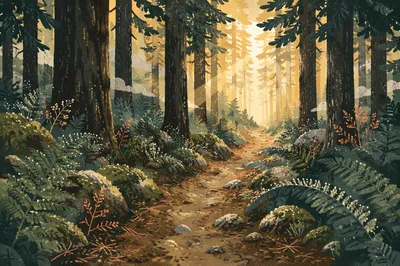 Narrow Evergreen Path Toward Morning Light