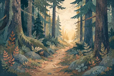 Narrow Evergreen Path Toward Morning Light
