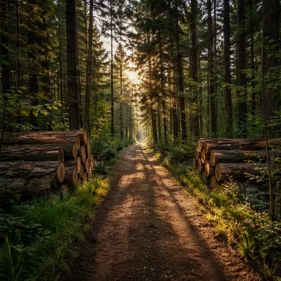 Narrow Forest Path Toward Golden Light