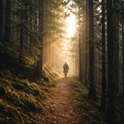 Narrow Evergreen Path Toward Morning Light