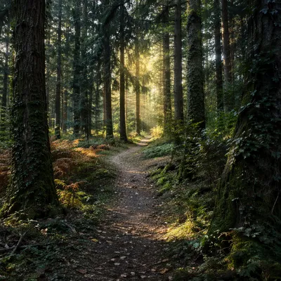 Narrow Forest Path Toward Morning Light