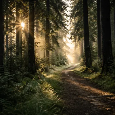 Narrow Forest Path Toward Morning Light