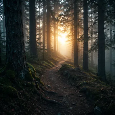 Narrow Forest Path Toward Morning Light