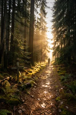 Narrow Forest Path Toward Morning Light
