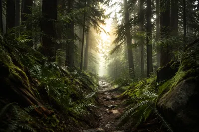 Narrow Forest Path Toward Morning Light