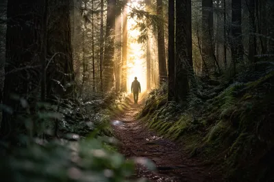 Narrow Forest Path Toward Morning Light