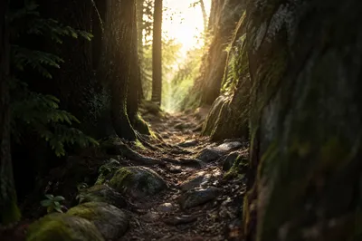 Narrow Evergreen Path Toward Morning Light