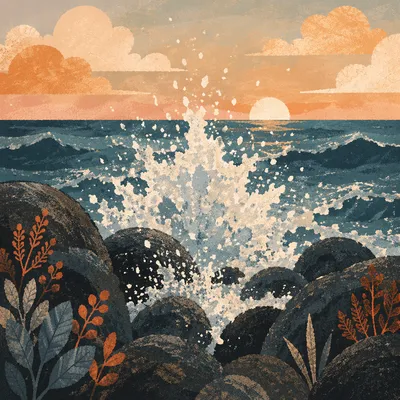 Sunrise Waves Crashing on Volcanic Rocks