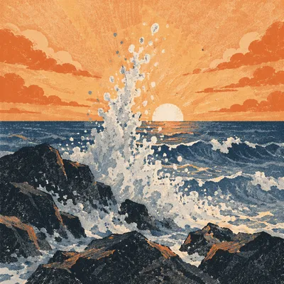 Sunrise Waves Crashing on Coastal Rocks