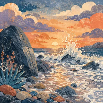 Golden Sunrise Waves Crashing on Coastal Rocks