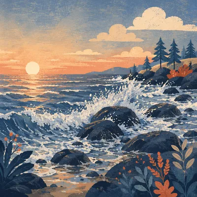 Sunrise Waves Crashing Over Rocky Shore