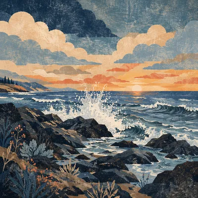 Sunrise Waves Crashing on Rugged Rocks