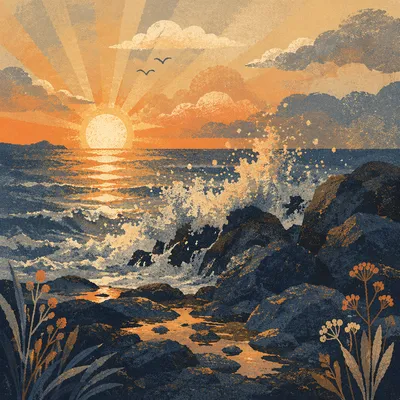 Sunrise Waves Crashing on Rocky Shore